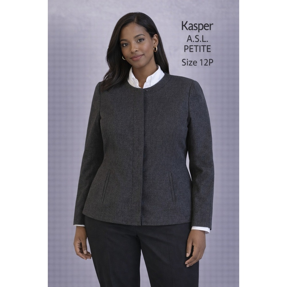 Kasper ASL Petite Womens 12P Gray Wool Blend Collarless Blazer Career Jacket